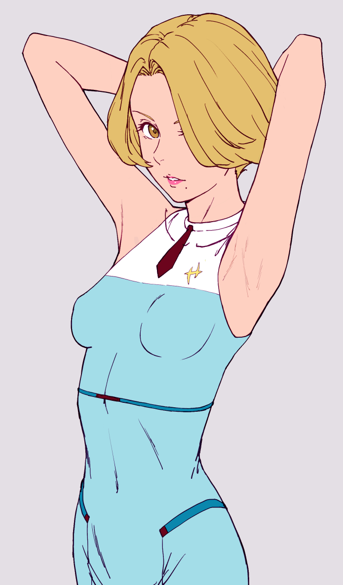 1girl, armpits, blonde_hair, commentary_request, eyebrows_hidden_by_hair, gundam, gundam:_hathaway's_flash, hair_over_one_eye