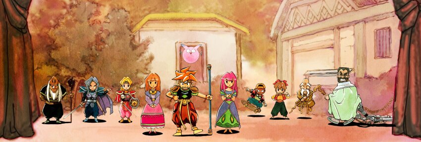 absurdres, ark_(tenchi_souzou), armor, baggy_pants, cape, character_request, closed_mouth, commentary_request, dark-skinned_male, dark_skin, dress, elle_(tenchi_souzou), fujiwara_kamui, fyda_(tenchi_souzou), headband, highres, holding, holding_shield, holding_sword, holding_weapon, long_hair, looking_at_viewer, meilin_(tenchi_souzou), multiple_boys, multiple_girls, official_artist_extra, orange_hair, pants, perel_(tenchi_souzou), pink_hair, royd_(tenchi_souzou), shield, short_hair, short_sleeves, smile, spiked_hair, standing, sword, tenchi_souzou, weapon, yomi_(tenchi_souzou)