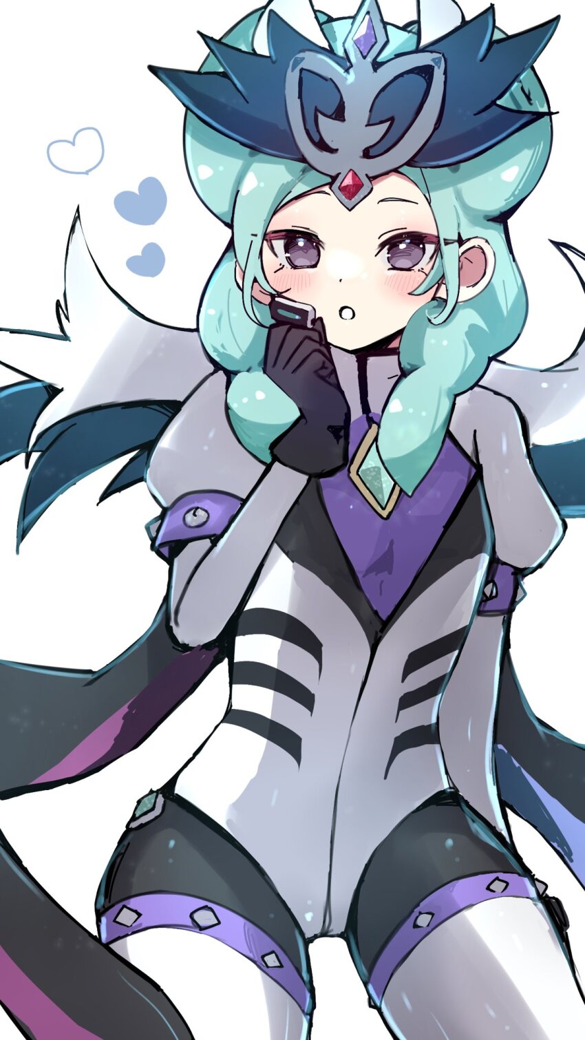 1girl, aqua_hair, beta_(inazuma_eleven), black_gloves, black_thighhighs, blush, bodysuit, double_bun