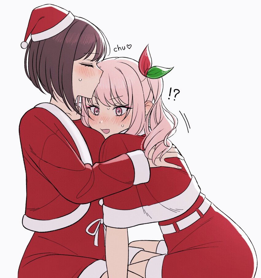 !?, 1girl, 1other, akiyama_mizuki, alternate_costume, arm_support, blush, bob_cut