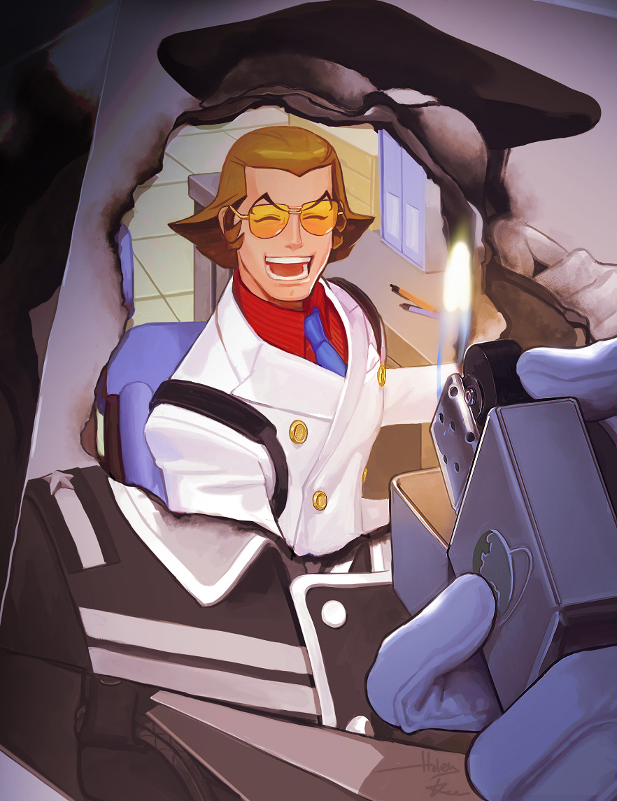 1boy, ace_attorney, artist_collaboration, blue_necktie, bobby_fulbright, brown_hair, collared_shirt, eyes_visible_through_eyewear