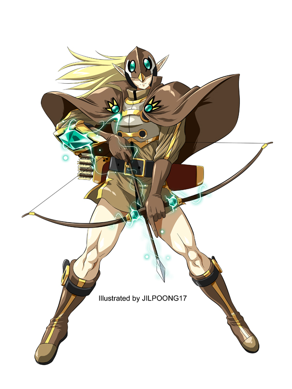 1boy, arrow_(projectile), artist_name, blonde_hair, boots, bow_(weapon), brown_boots, brown_gloves