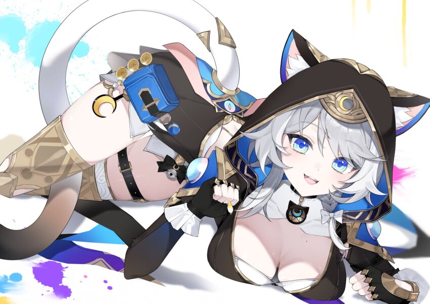 1girl, animal_ears, animal_hood, bell, blue_eyes, bow, braid, breast_press