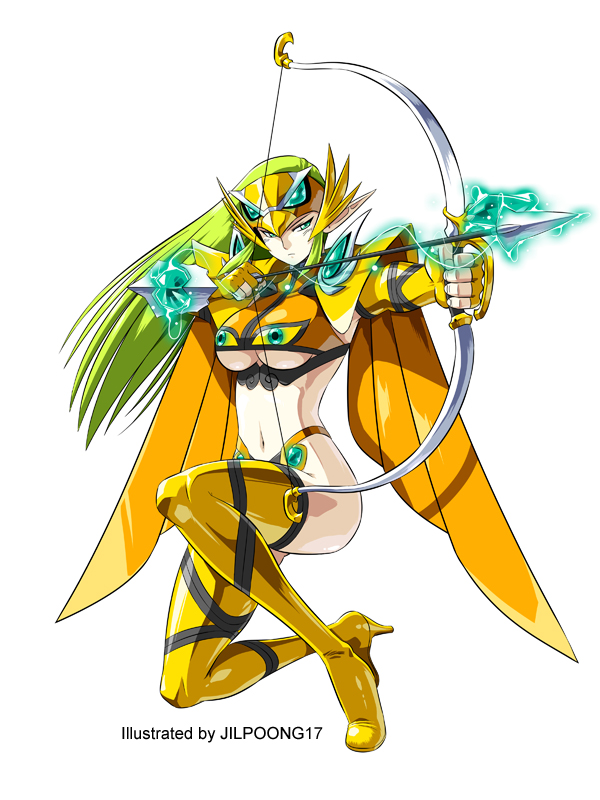 1girl, arrow_(projectile), artist_name, boots, bow_(weapon), breasts, capelet, closed_mouth