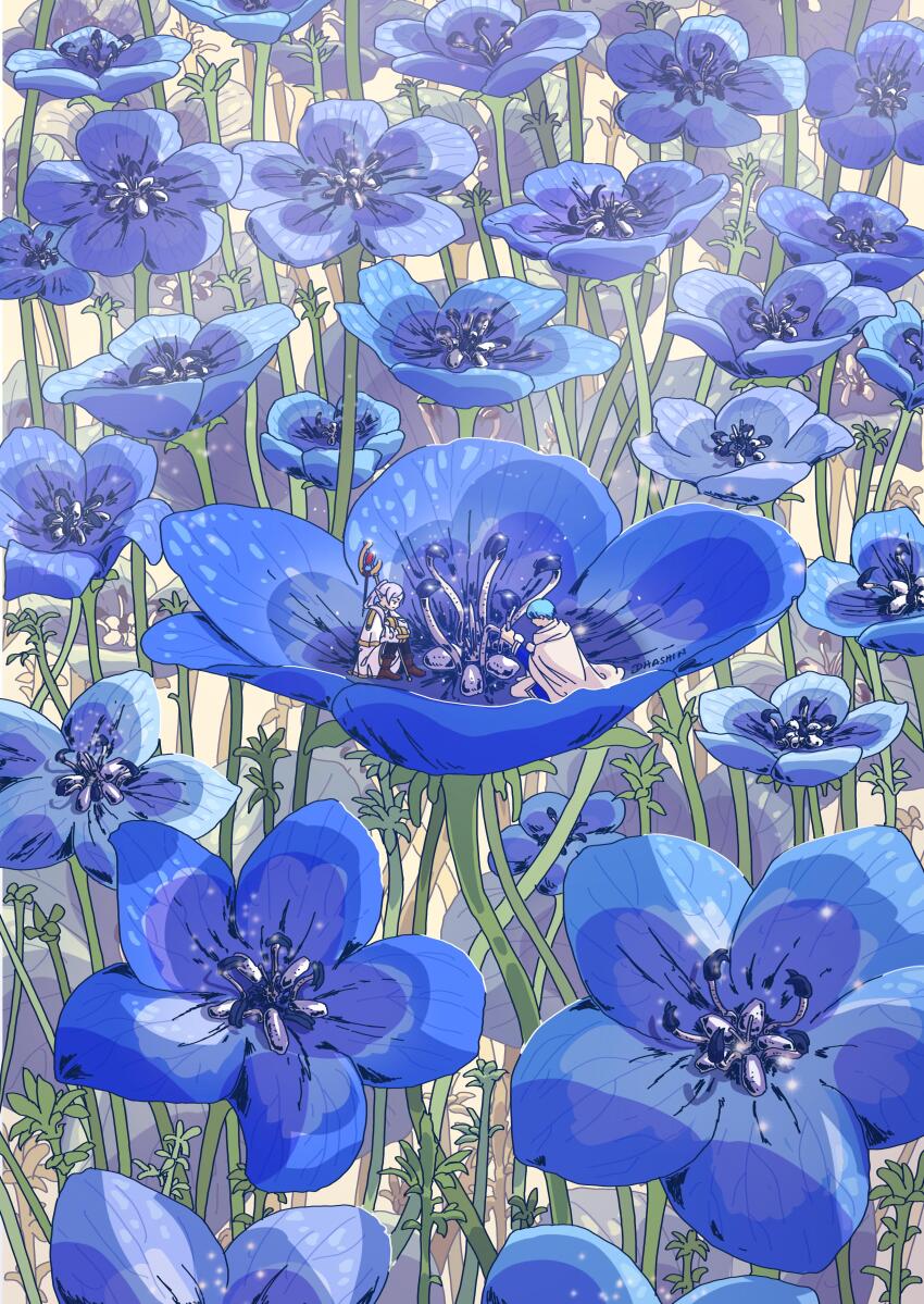 1boy, 1girl, absurdres, black_pantyhose, blue_hair, boots, brown_boots, capelet, commentary, dhashinn, english_commentary, flower, frieren, grey_cloak, grey_hair, highres, himmel_(sousou_no_frieren), holding, holding_staff, medium_skirt, oversized_flower, pantyhose, pointy_ears, signature, skirt, sousou_no_frieren, staff, white_capelet, white_skirt