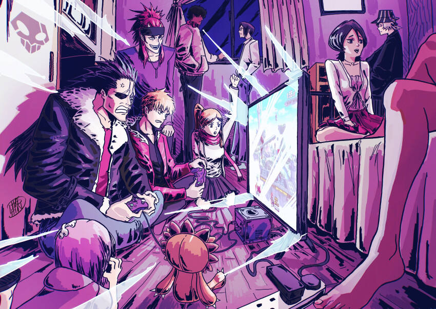 3girls, 6+boys, abarai_renji, absurdres, anger_vein, arm_up, black_hair, bleach