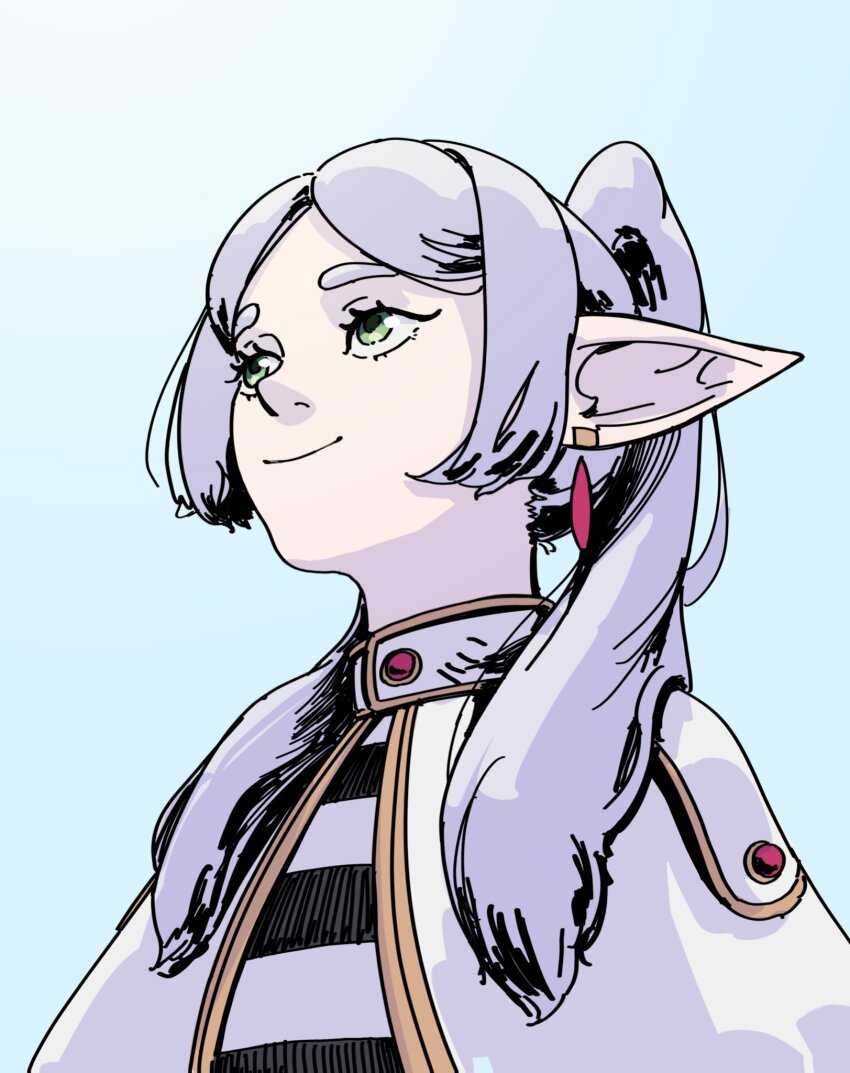 1girl, capelet, commentary, dhashinn, earrings, english_commentary, frieren, from_below