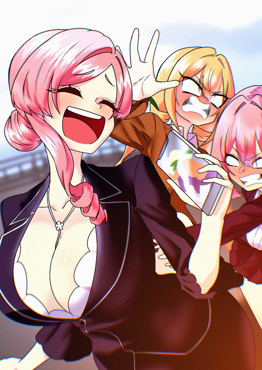 3girls, angry, blonde_hair, breasts, cleavage, clenched_teeth, closed_eyes, collarbone