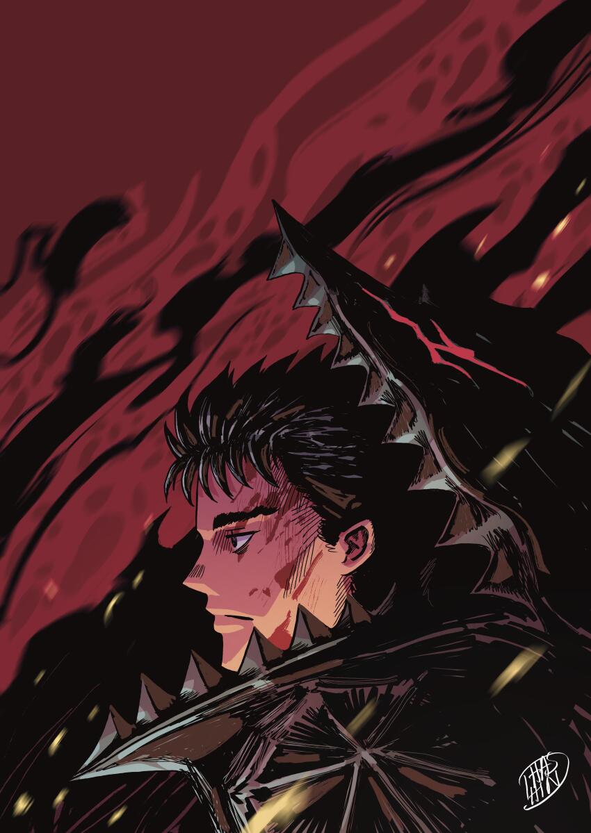 1boy, absurdres, armor, berserk, black_armor, black_hair, blood, blood_on_face