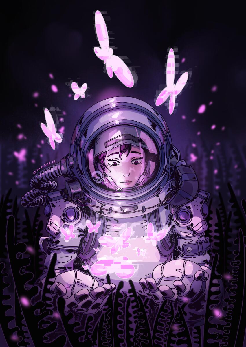 1girl, absurdres, astronaut, blurry, blurry_background, bug, butterfly, commentary