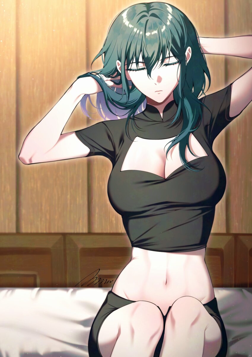 1girl, a_(asan_a_aa), absurdres, arms_up, black_shirt, black_shorts, breasts, cleavage