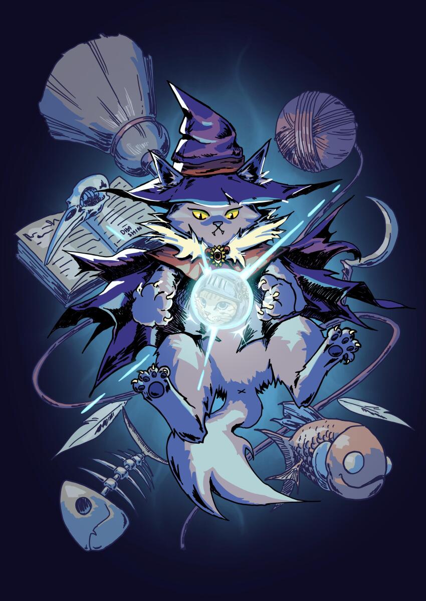 absurdres, book, broom, cape, cat, colored_sclera, commentary, dhashinn