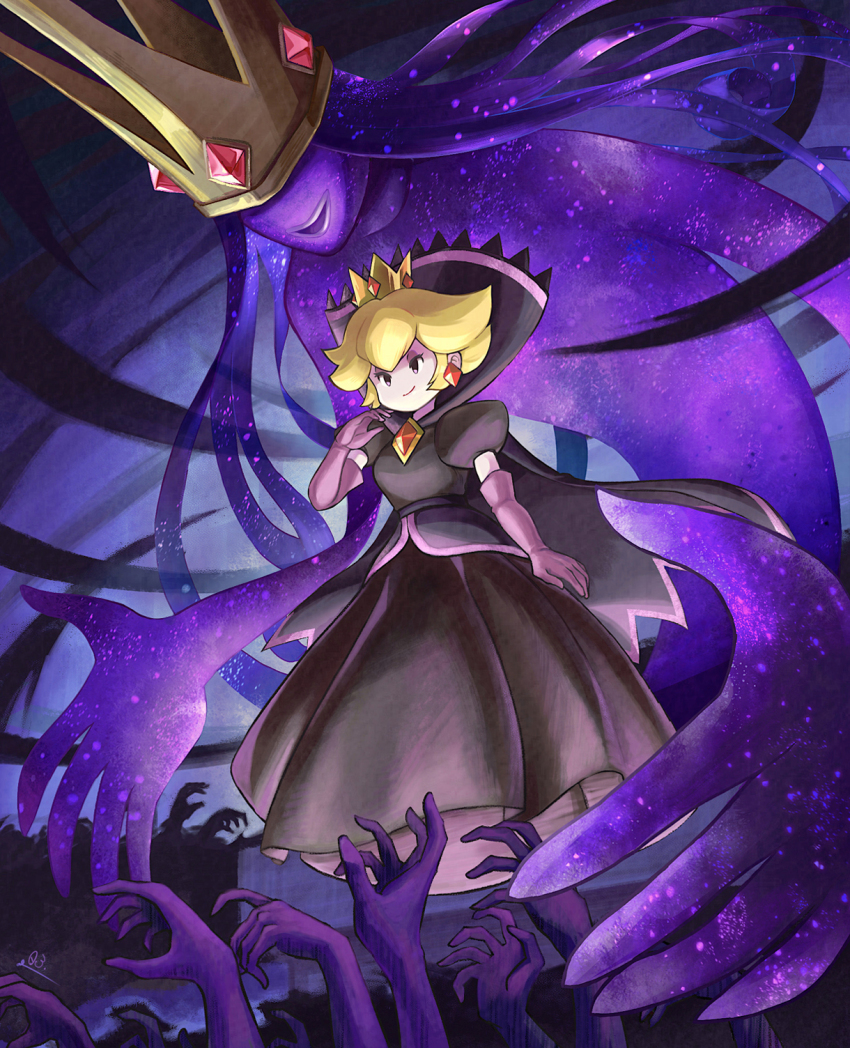 2girls, absurdly_long_hair, black_dress, black_eyes, blonde_hair, closed_mouth, comma03, commentary_request