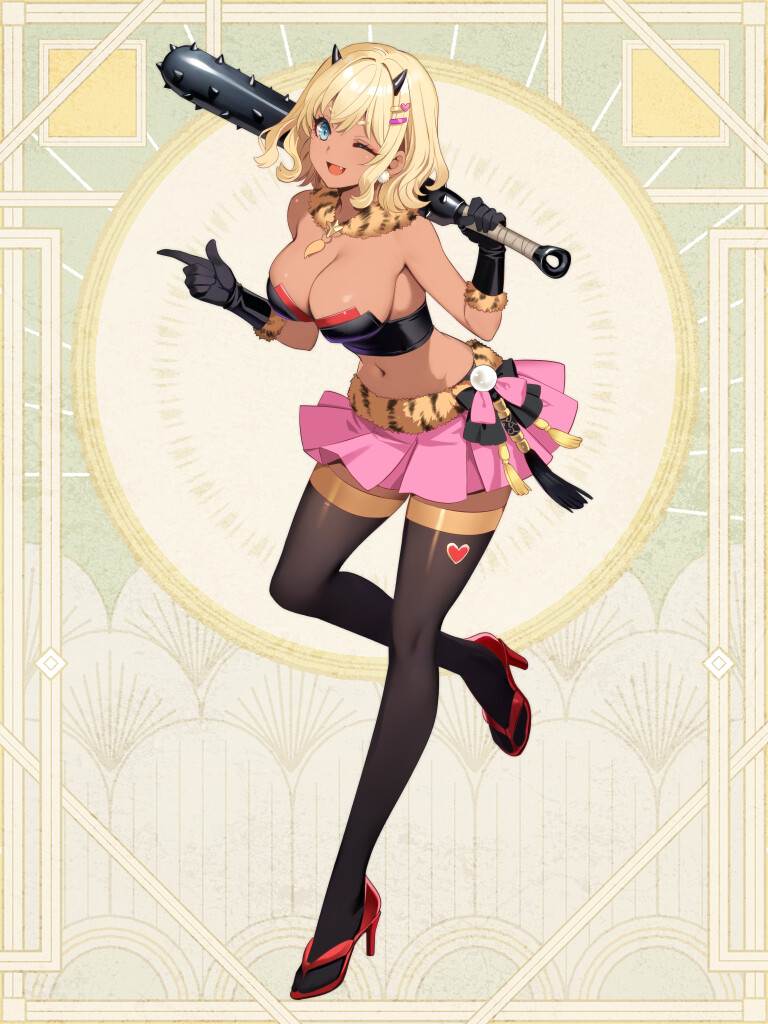 1girl, black_gloves, black_horns, black_thighhighs, blonde_hair, blue_eyes, club, club_(weapon)