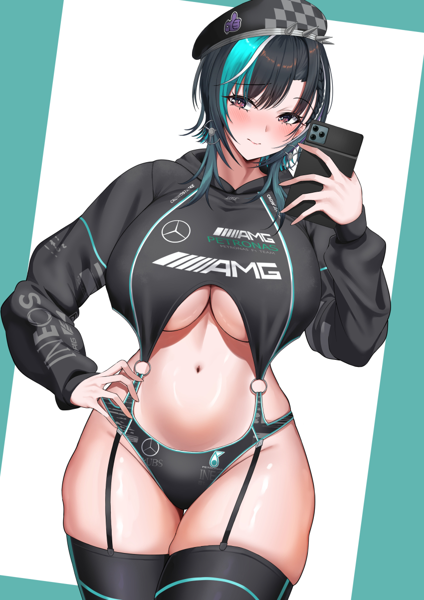 1girl, absurdres, arisugawa_ya, black_hair, black_hat, black_thighhighs, blush, breasts