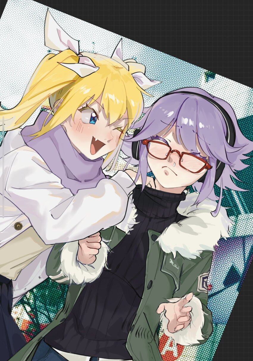 2girls, acminaasonde, arimura_hinae, belt, black_skirt, black_sweater, blonde_hair, blue_eyes