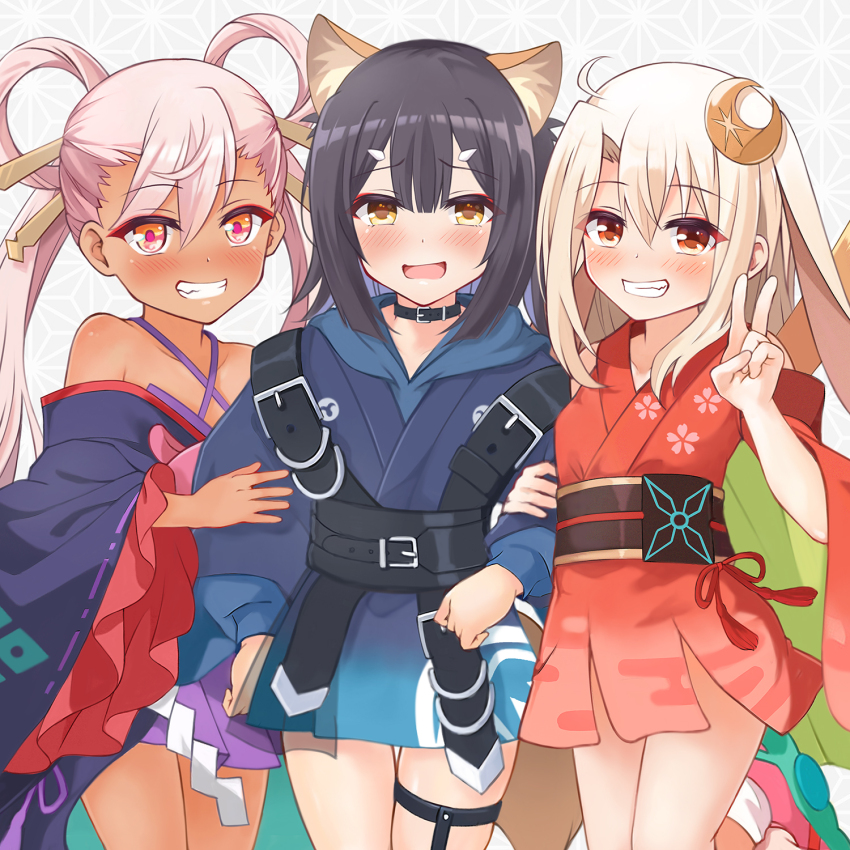 3girls, animal_ears, bare_shoulders, black_hair, blush, character_request, check_character, chloe_von_einzbern, cho_kaguya-hime!, commentary_request, cosplay, cosplay_request, dark-skinned_female, dark_skin, fate/kaleid_liner_prisma_illya, fate_(series), grin, hair_ornament, highres, illyasviel_von_einzbern, japanese_clothes, kaguya_(cho_kaguya-hime!), kaguya_(cho_kaguya-hime!)_(cosplay), kimono, long_hair, long_sleeves, looking_at_viewer, miyu_edelfelt, mochi_(k620803n), multiple_girls, obi, open_mouth, pink_hair, red_eyes, red_kimono, runami_yachiyo, runami_yachiyo_(cosplay), sakayori_iroha, sakayori_iroha_(cosplay), sash, short_kimono, smile, v, wide_sleeves