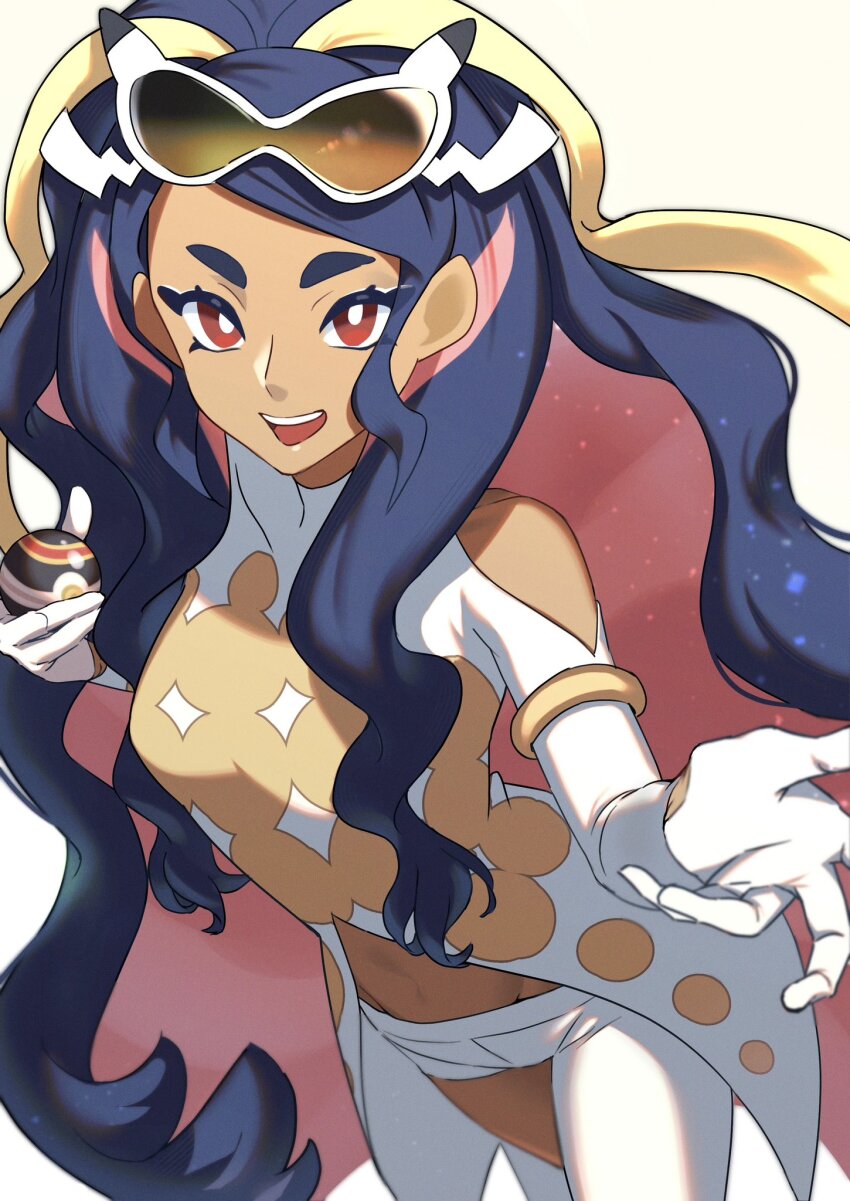 1girl, asymmetrical_pants, black_hair, caraway_(pokemon), commentary_request, dark-skinned_female, dark_skin, eyewear_on_head