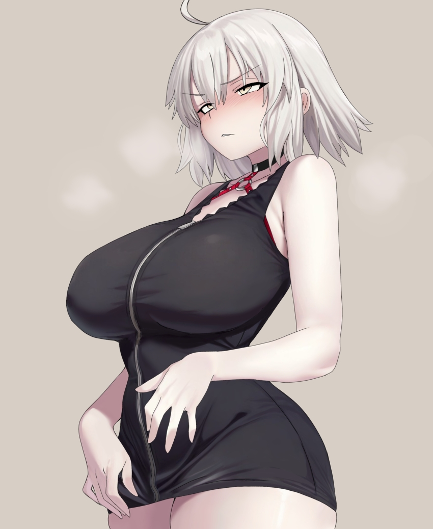 1girl, ahoge, asoberis, bare_shoulders, black_dress, blush, breasts, choker