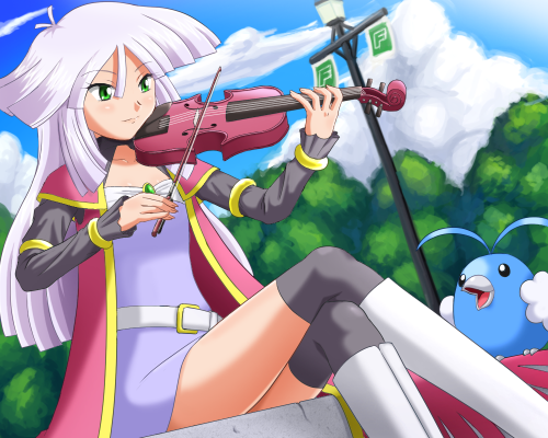00s, 1girl, bird, cloud, dress, female_focus, gen_3_pokemon, green_eyes