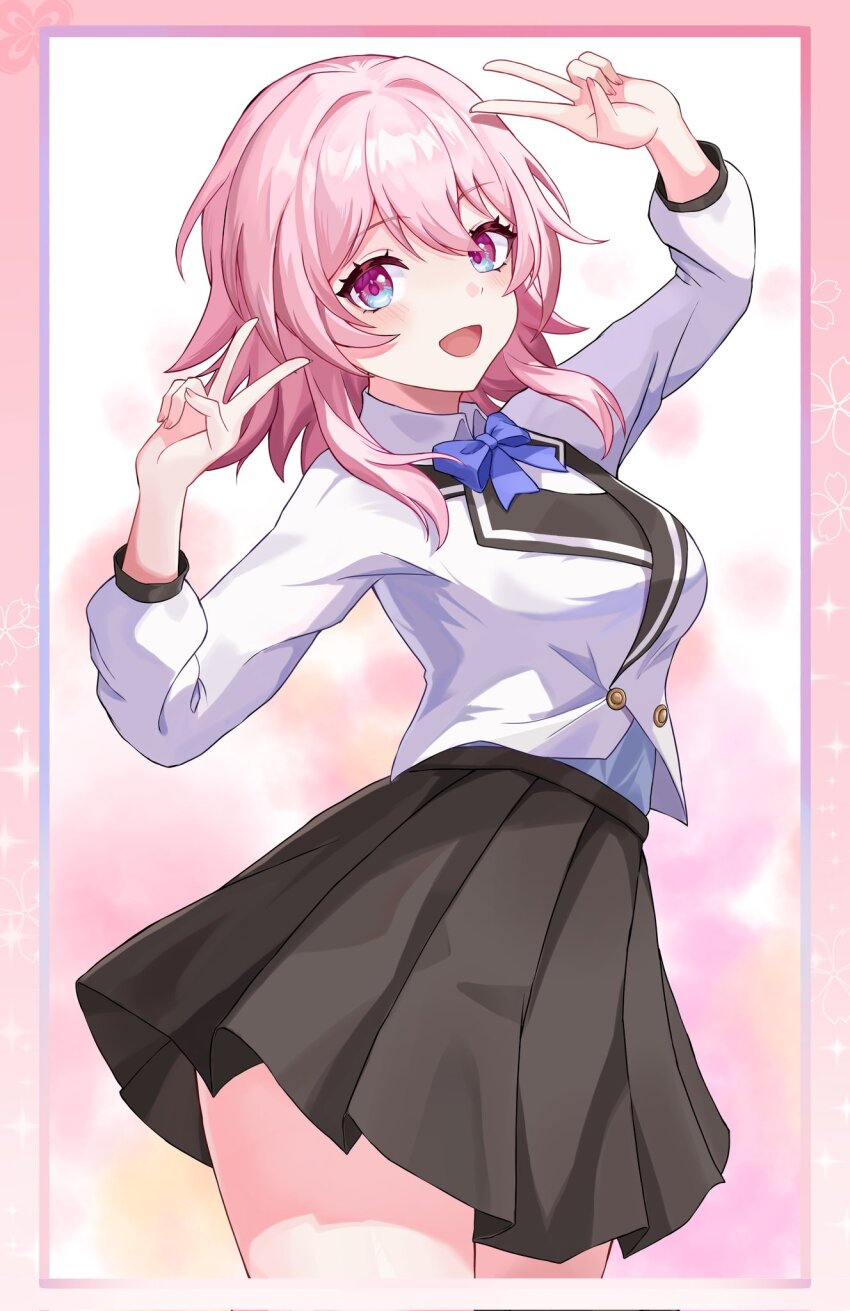 1girl, black_skirt, border, breasts, commentary_request, cowboy_shot, double_v, gradient_background