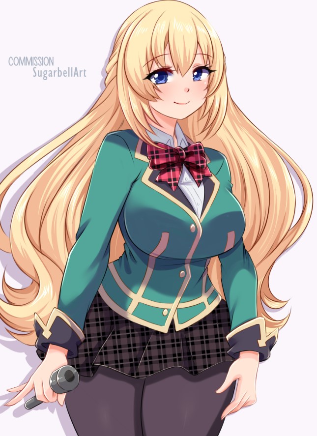 1girl, black_pantyhose, black_skirt, blonde_hair, blue_eyes, blush, bow, bowtie