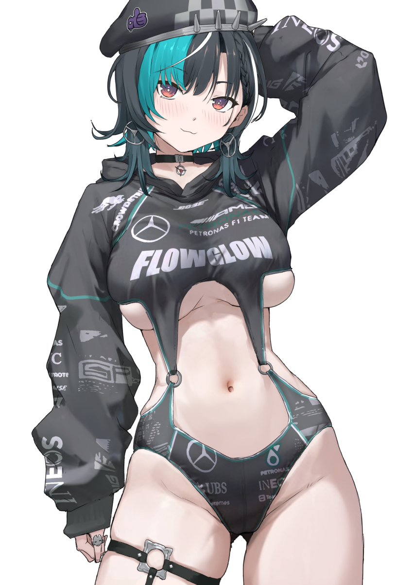 1girl, aqua_hair, beret, black_hair, breasts, checkered_hat, choker, commentary, hat, highres, hololive, hololive_dev_is, large_breasts, looking_at_viewer, mercedes-benz, midriff, mitsuru_(uramitsuru1206), multicolored_hair, navel, o-ring, race_queen_two-piece, red_eyes, rindo_chihaya, skindentation, solo, spiked_hat, streaked_hair, thick_thighs, thighs, underboob, untranslatable_commentary, virtual_youtuber