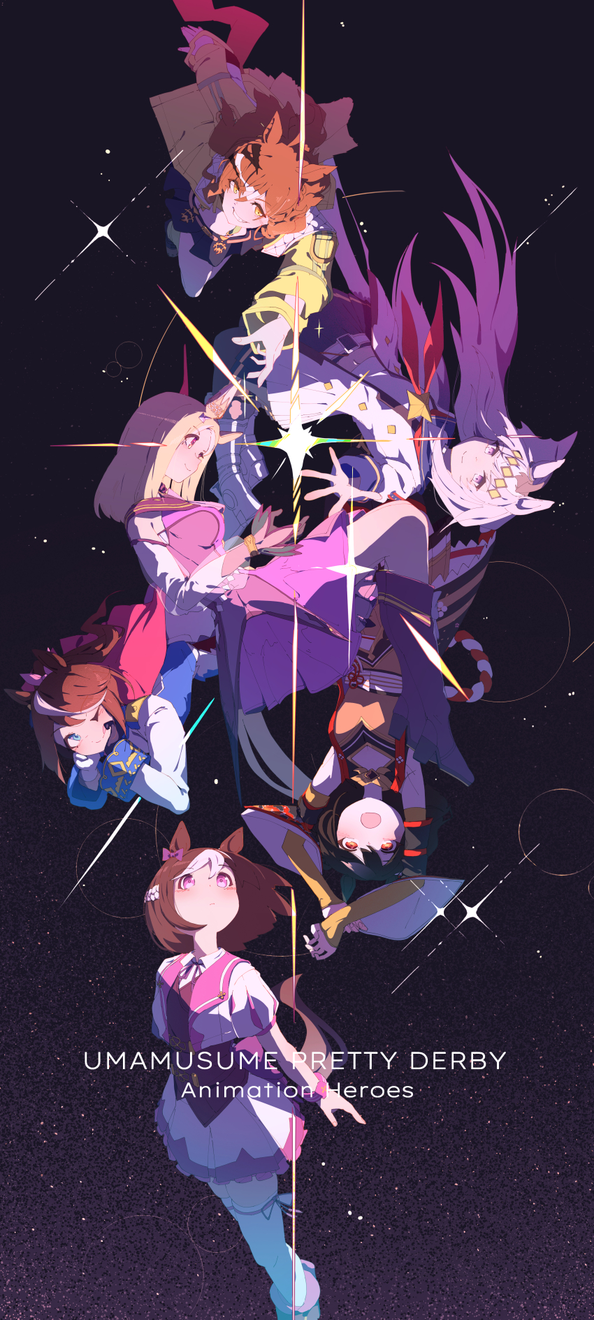 6+girls, absurdres, ahoge, animal_ears, ascot, asymmetrical_gloves, black_gem, black_pantyhose