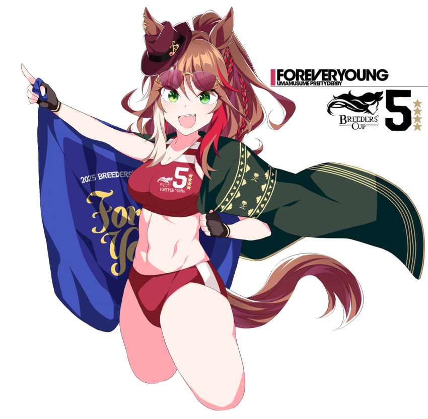 1girl, abs, animal_ears, black_gloves, blush, braid, breasts, breeders'_cup, brown_hair, buruma, commentary_request, ears_through_headwear, fingerless_gloves, forever_young_(umamusume), gloves, green_eyes, hat, horse_ears, horse_girl, jewelry, large_breasts, long_hair, looking_at_viewer, midriff, multicolored_hair, navel, open_mouth, ponytail, red-tinted_eyewear, red_buruma, red_sports_bra, shigino_sohuzi, smile, solo, sports_bikini, sports_bra, star_(symbol), streaked_hair, sunglasses, teeth, tinted_eyewear, toned, toned_female, umamusume, upper_teeth_only