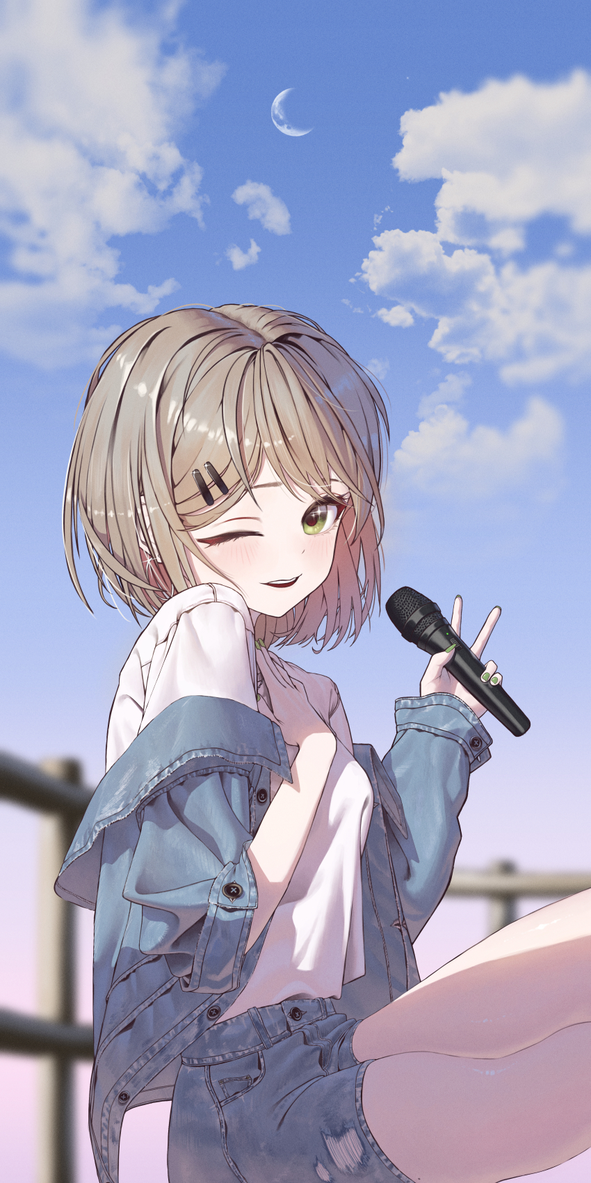 1girl, ;d, absurdres, blue_jacket, blue_shorts, blue_sky, blurry, blurry_background