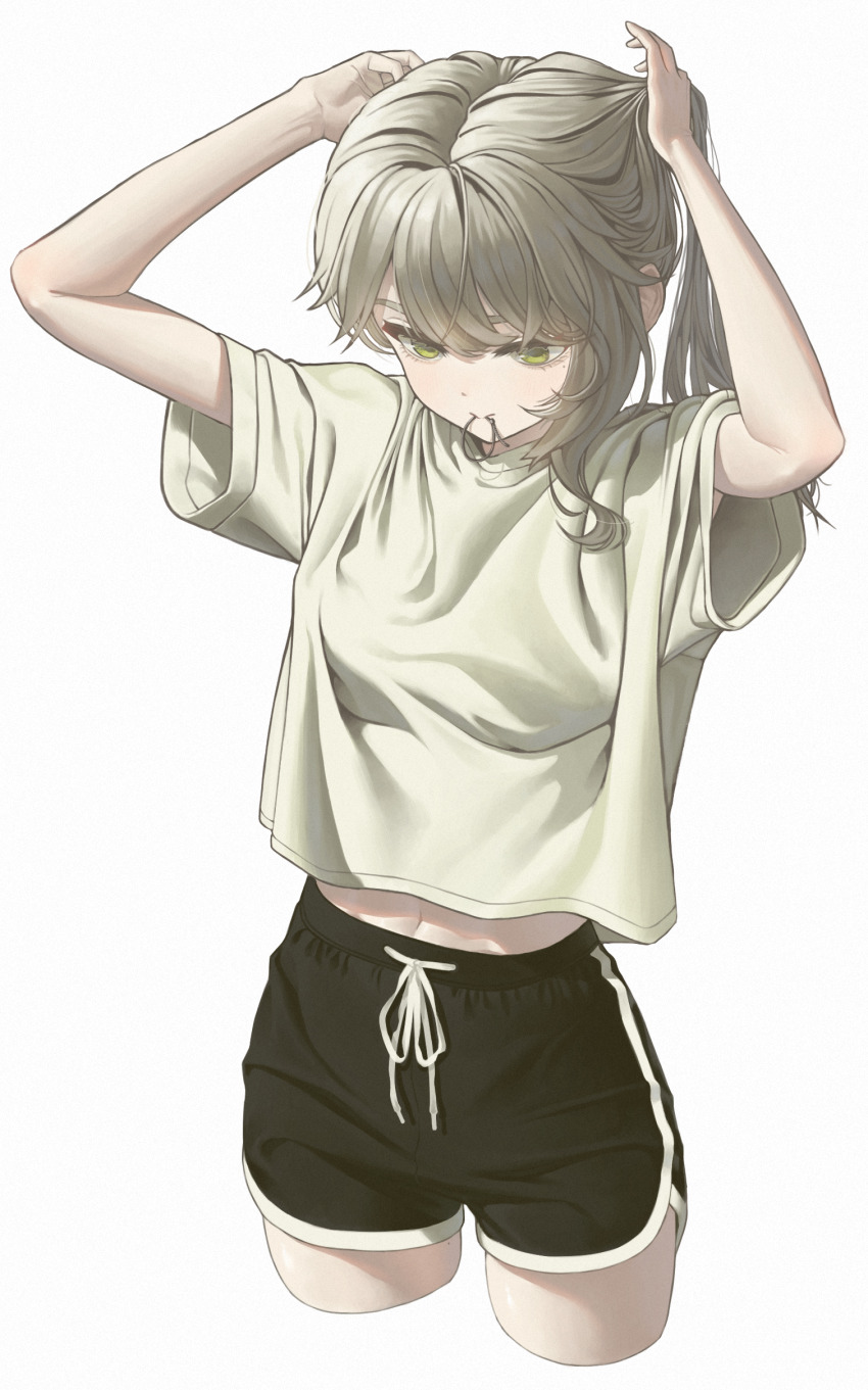 1girl, absurdres, adjusting_hair, arms_up, black_shorts, breasts, closed_mouth, commentary