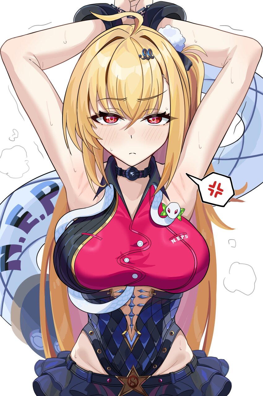 1girl, absurdres, ahoge, armpits, arms_up, bare_shoulders, blonde_hair, blush
