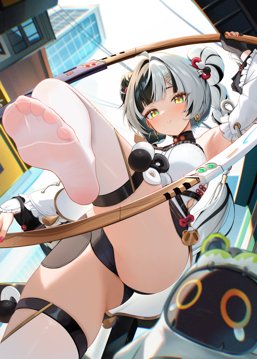 1girl, bangboo_(zenless_zone_zero), belion_(zenless_zone_zero), black_hair, blush, braid, braided_hair_rings, braided_twintails, breasts, chakram, dialyn_(zenless_zone_zero), earrings, hair_ornament, hair_rings, hairclip, highres, jewelry, long_hair, looking_at_viewer, medium_breasts, multicolored_hair, panda_hair_ornament, pom_pom_(clothes), pom_pom_hair_ornament, radoremo, solo, split-color_hair, thighs, weapon, white_hair, yellow_eyes, zenless_zone_zero