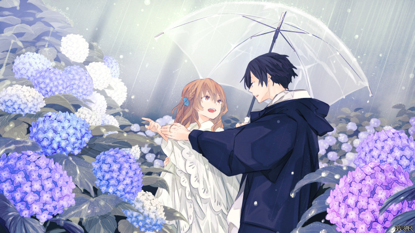 1boy, 1girl, :d, black_hair, brown_hair, copyright_name, dairoku_ryouhei, day, dazai_kotoho, dress, eye_contact, flower, hanabusa_akira, hetero, highres, hood, hood_down, hooded_coat, hydrangea, looking_at_another, open_mouth, outdoors, pointing, rain, seiyakarutaken, smile, standing, transparent, transparent_umbrella, umbrella, white_dress