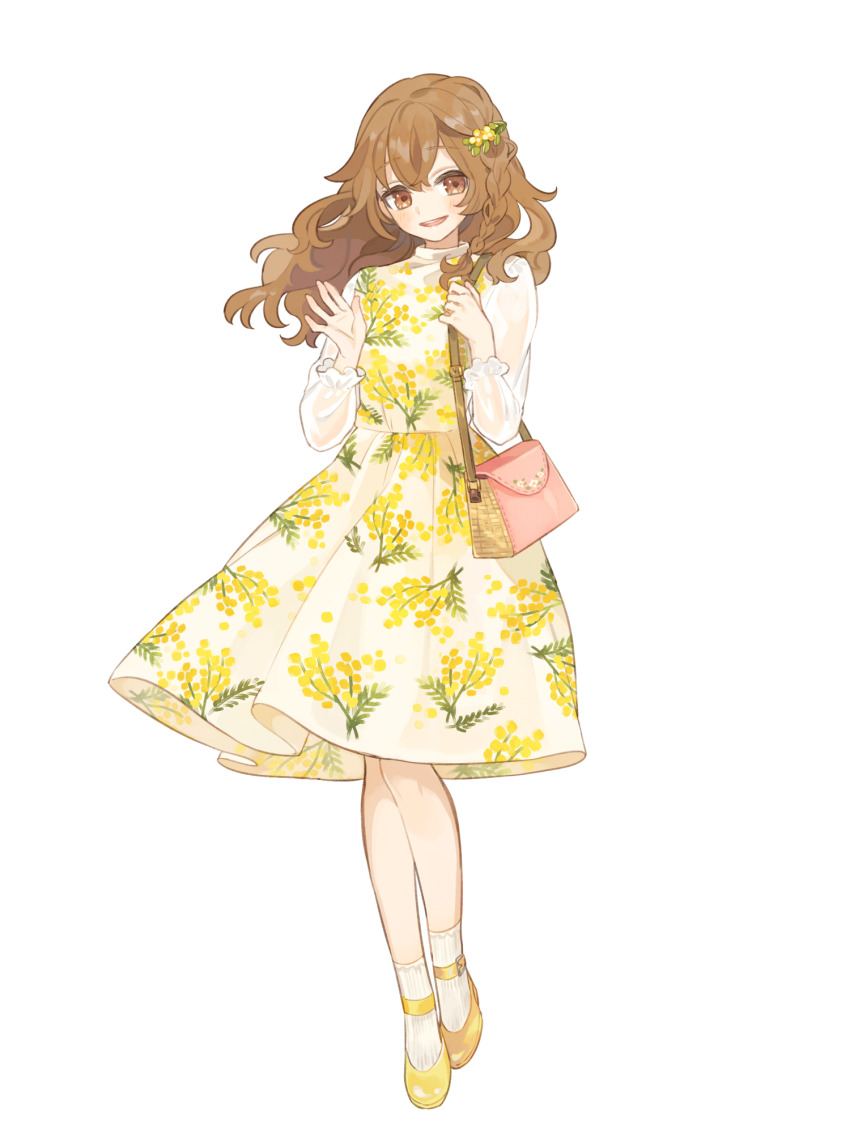 1girl, :d, bag, blush, braid, brown_eyes, brown_hair, dairoku_ryouhei