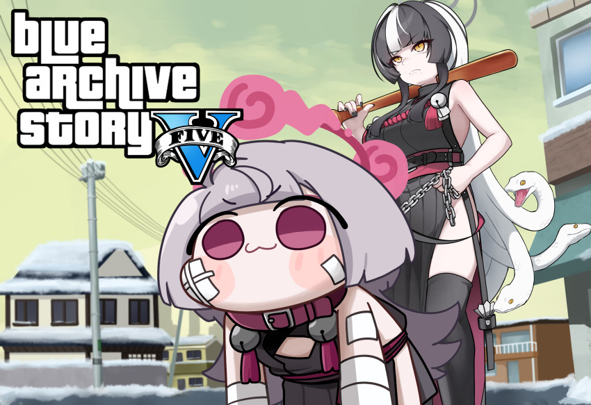 2girls, :3, all_fours, azami_(blue_archive), bandaged_arm, bandages, baseball_bat, bell