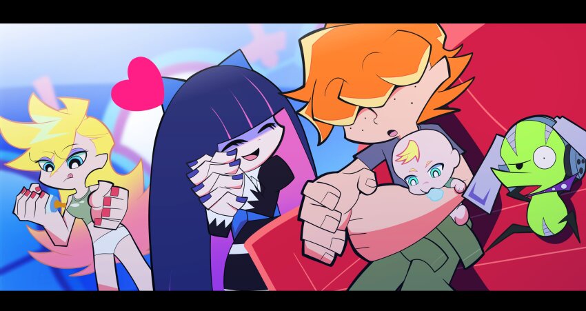 2boys, 2girls, absurdres, aunt_and_nephew, baby, baby_bottle, blonde_hair, blue_eyes