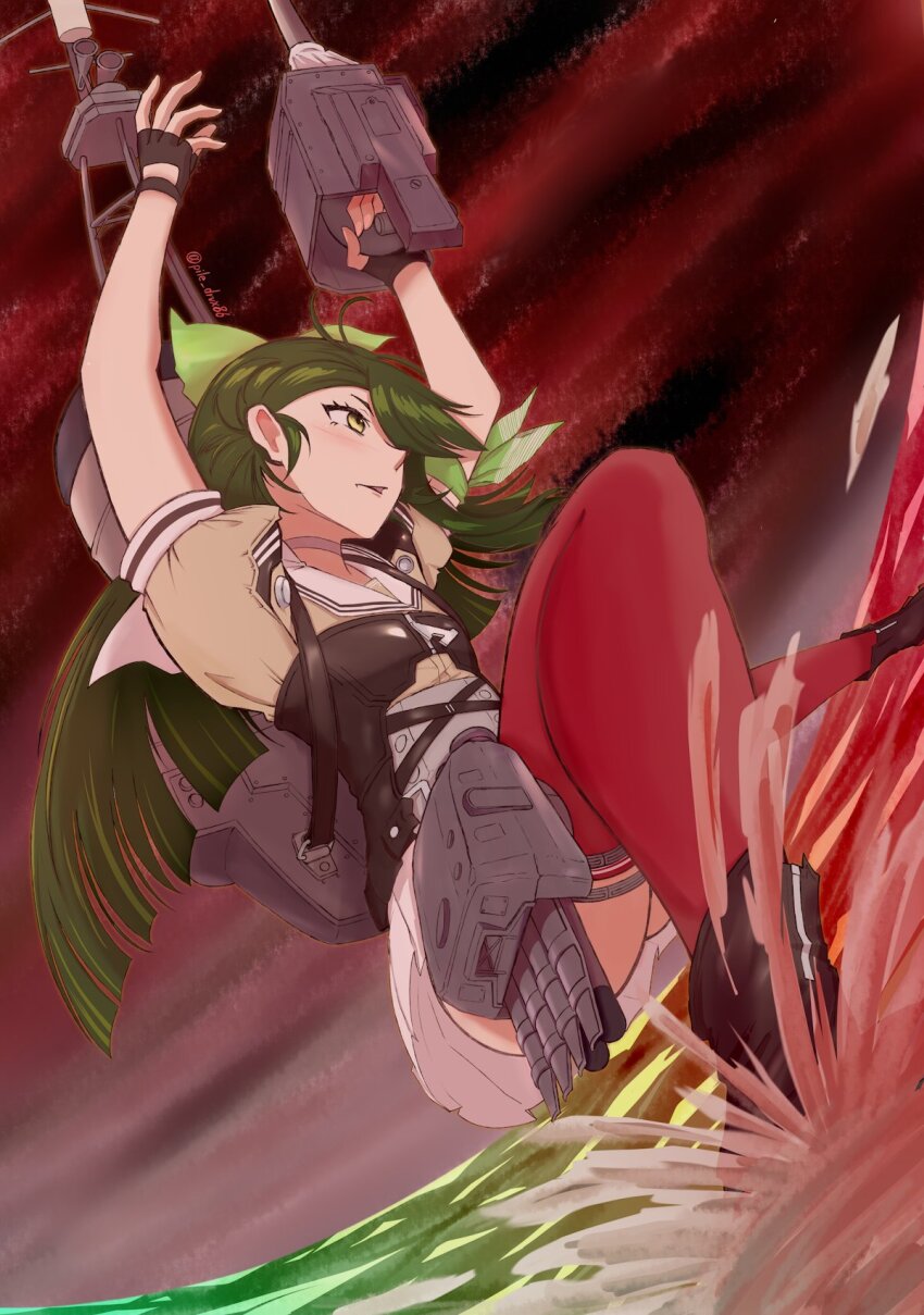 1girl, adapted_turret, arms_up, commentary_request, green_eyes, green_hair, grey_shirt, hair_ribbon