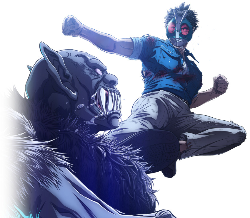 2boys, attack, bald, bat_boy, black_hair, black_shoes, blood, blood_on_clothes