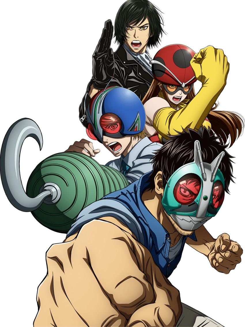 1girl, 3boys, behind_another, black_gloves, black_hair, black_jacket, blonde_hair, blue_helmet, blue_jacket, blue_necktie, brown_hair, clenched_hands, collared_shirt, cosplay, denim, denim_jacket, elbow_gloves, electro_wave_human_tackle, electro_wave_human_tackle_(cosplay), everyone, eyes_visible_through_headwear, facial_hair, fighting_stance, gloves, green_mask, grey_pants, hand_up, helmet, highres, hook_hand, jacket, kamen_rider, kamen_rider_1, kamen_rider_1_(cosplay), lapels, long_hair, long_sleeves, looking_at_viewer, multiple_boys, necktie, official_art, open_mouth, orange-tinted_eyewear, outstretched_arm, pants, red-tinted_eyewear, red_helmet, riderman, riderman_(cosplay), serious, shimamura_ichiyo, shimamura_mitsuba, shirt, short_hair, simple_background, tanzaburou_toujima, tinted_eyewear, tokusatsu, toujima_tanzaburou_wa_kamen_rider_ni_naritai, transparent_background, undershirt, upper_body, very_short_hair, white_shirt, yellow_gloves