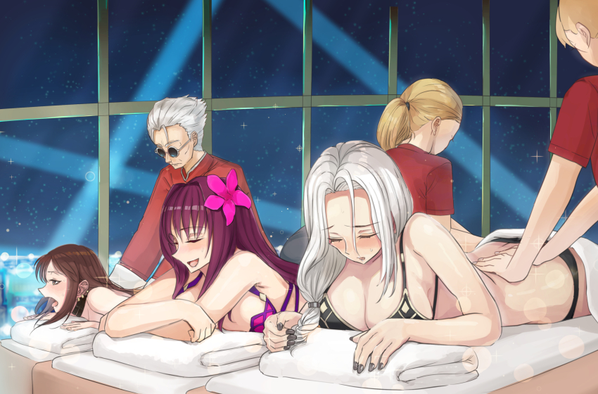 1boy, 4girls, bare_shoulders, bikini, black_bikini, blonde_hair, blush, breasts