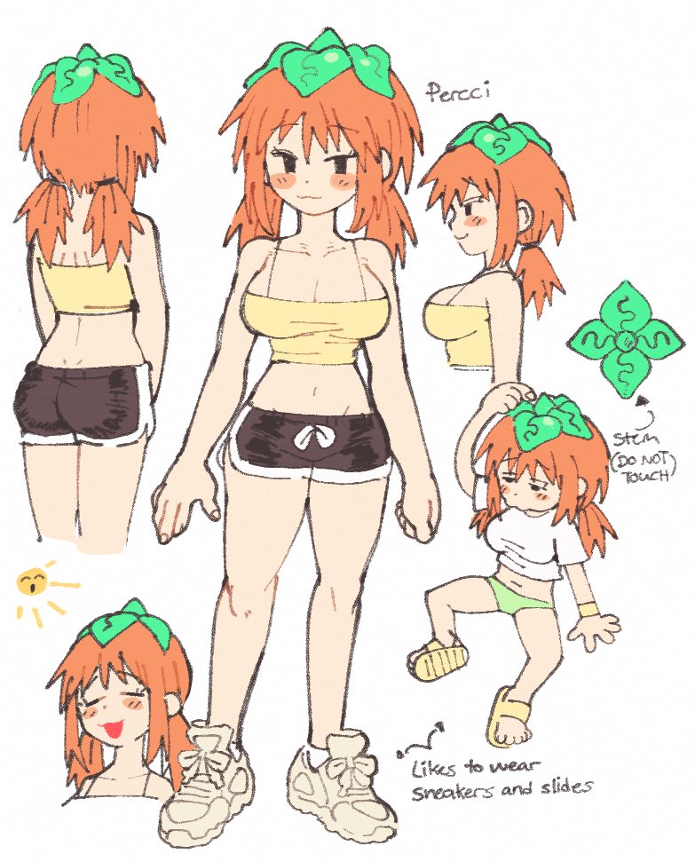 1girl, :3, arrow_(symbol), black_shorts, blush_stickers, breasts, camisole, character_name