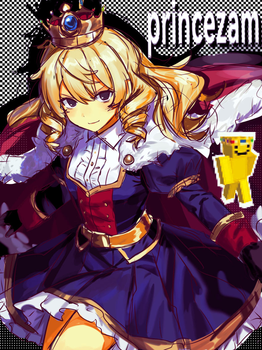 1girl, animification, belt, blonde_hair, blue_dress, breasts, cape, character_name, chinese_commentary, colored_skin, commentary_request, cowboy_shot, crown, dress, fur-trimmed_cape, fur_trim, genderswap, genderswap_(mtf), gold_belt, gold_crown, grey_eyes, hair_between_eyes, highres, jeweled_crown, juliet_sleeves, lifesteal_smp, long_hair, long_sleeves, looking_at_viewer, minecraft_youtube, ouji_fashion, pointed_crown, princezam, puffy_sleeves, red_cape, reference_inset, ringlets, shirt, small_breasts, smile, solo, variant_set, white_shirt, yellow_skin, zeroday03023