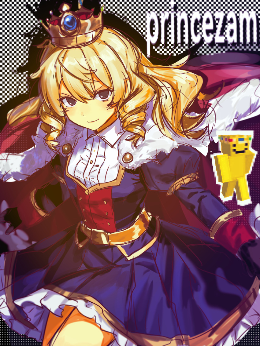 1girl, animification, belt, blonde_hair, blue_dress, breasts, cape, character_name