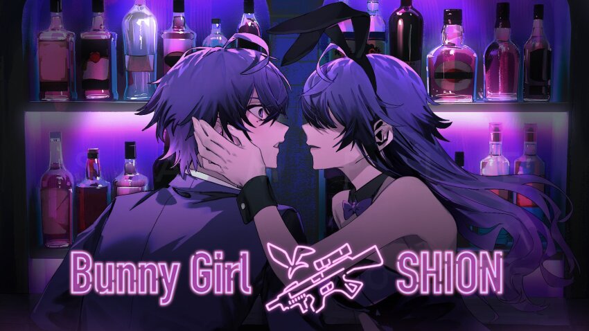 1boy, 1girl, ahoge, animal_ears, bow, bowtie, bunny_girl_(akasaki), commentary, detached_collar, english_commentary, fake_animal_ears, glass_bottle, hair_between_eyes, hand_on_another's_face, highres, kome_non, leotard, long_hair, looking_at_another, meteorites_(stpr), mole, mole_under_eye, no_eyes, parted_lips, playboy_bunny, purple_bow, purple_bowtie, purple_eyes, purple_hair, purple_leotard, rabbit_ears, shion_(meteorites), short_hair, upper_body, video_thumbnail, wrist_cuffs