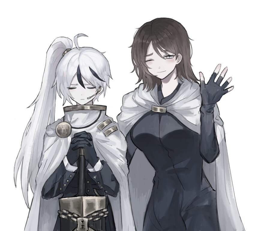 1boy, 1girl, ahoge, black_gloves, black_hair, black_shirt, brown_hair, cape