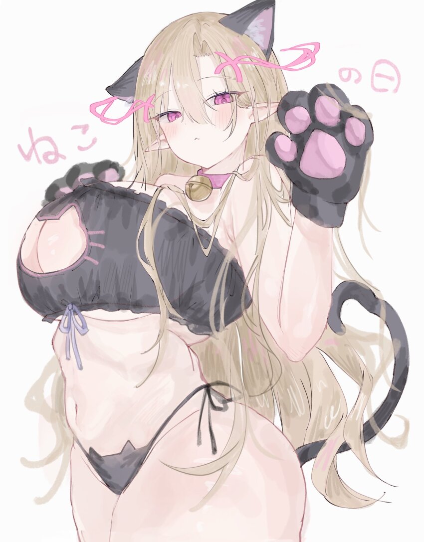 1girl, :<, animal_ear_fluff, animal_ears, animal_hands, bell, blonde_hair, breasts