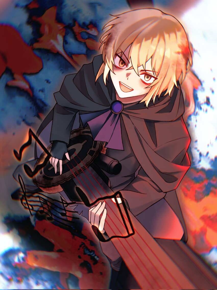 1boy, ascot, bags_under_eyes, black_cape, black_gloves, black_pants, black_shoes, blonde_hair