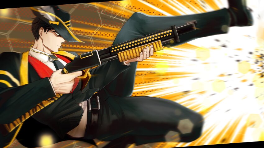 1boy, absurdres, arachnidlegs, belt, black_hat, black_necktie, black_pants, black_shoes