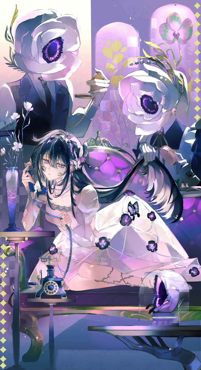1boy, 1other, 2girls, absurdres, anemone_(flower), antique_phone, apron, arch, bead_necklace, beads, bell_jar, black_dress, black_flower, black_gloves, black_hair, black_necktie, black_vest, brushing_another's_hair, brushing_hair, bug, butler, butterfly, butterfly_hair_ornament, center-flap_bangs, chaise_longue, checkered_hairband, chinese_commentary, choker, collarbone, collared_dress, collared_shirt, commentary, corded_phone, couch, dianthus, dress, dress_flower, elbow_on_table, elbow_rest, expressionless, flower, foot_out_of_frame, frilled_apron, frills, gloves, gown, hair_brush, hair_ornament, hairband, headscarf, highres, holding, holding_another's_hair, holding_hair_brush, holding_phone, holding_pocket_watch, holding_tray, insect, jewelry, juliet_sleeves, lace, lace-trimmed_dress, lace_trim, long_hair, long_sleeves, looking_at_viewer, maid, master_and_servant, multiple_girls, neck_ribbon, necklace, necktie, object_head, on_couch, orchid, original, out_of_frame, phone, plant, pocket_watch, puffy_sleeves, purple_butterfly, purple_choker, purple_eyes, purple_flower, purple_shoes, qiong_xiang_prayer, ribbon, rotary_phone, round_table, shirt, shoes, sidelocks, sitting, sleeve_garter, solo_focus, sparkle, table, thorns, tray, vase, very_long_hair, vest, vine_on_leg, vines, watch, white_apron, white_dress, white_flower, white_gloves, white_hairband, white_shirt, yokozuwari